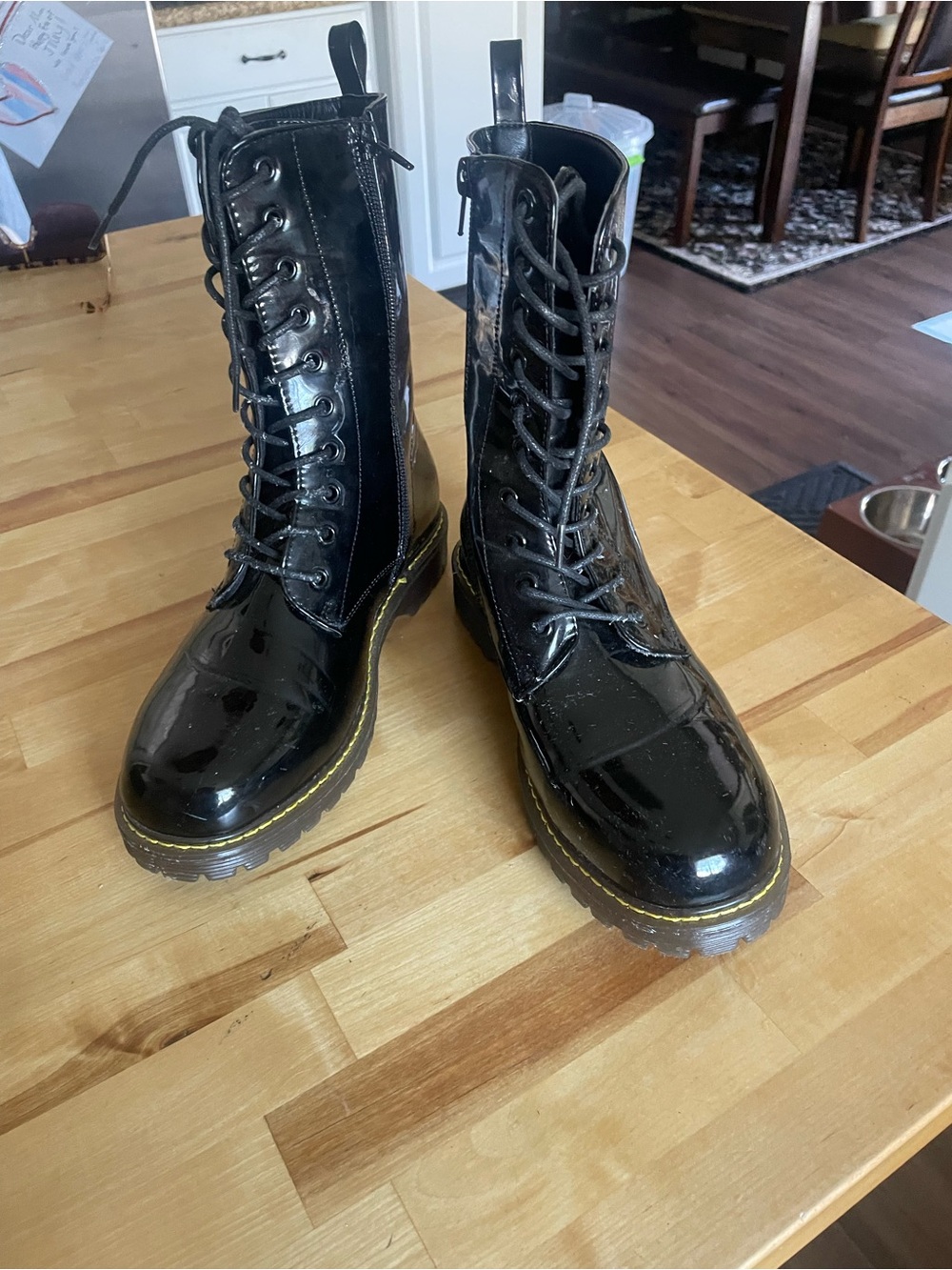 Patent Black Lace-Up Combat Boots with Yellow Welt Stitch